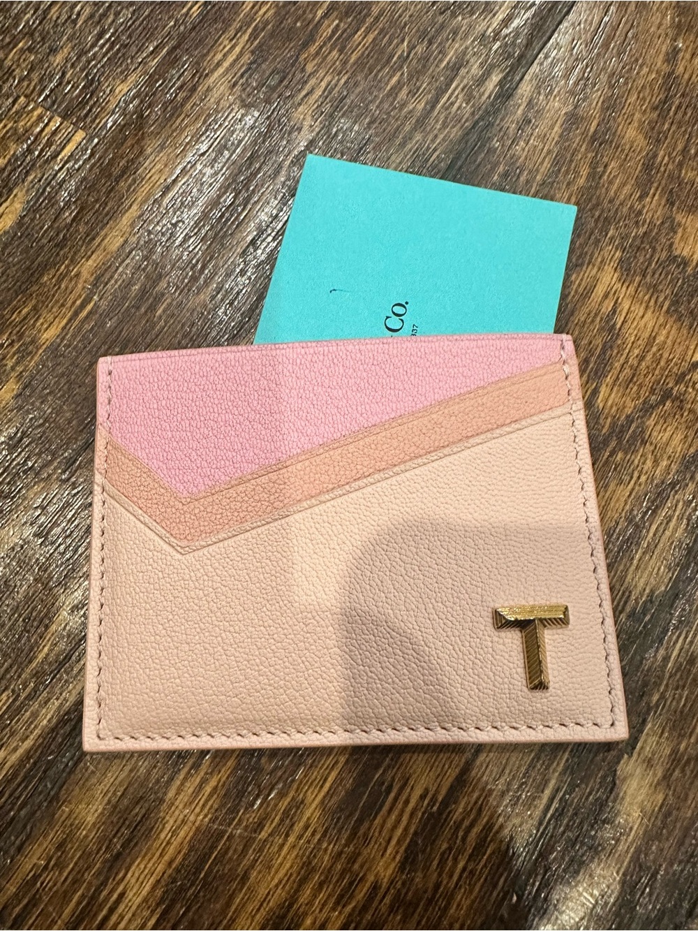 Tiffany & Co Gold T Monogram Pink Tri-Tone viral Leather Card Holder